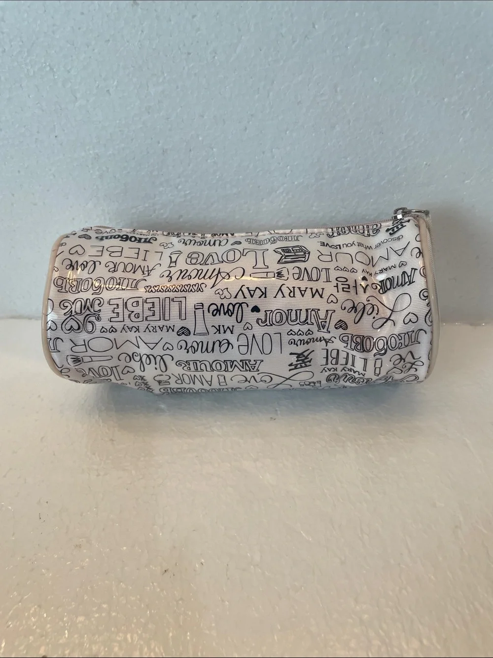 Mary Kay White Cosmetic Pouch with Black Script Print